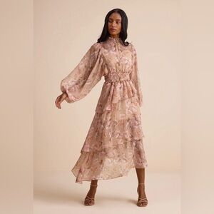 Lulus Wexler Peach Floral Tiered Mock Neck Long Sleeve Maxi Dress Pink - Size M